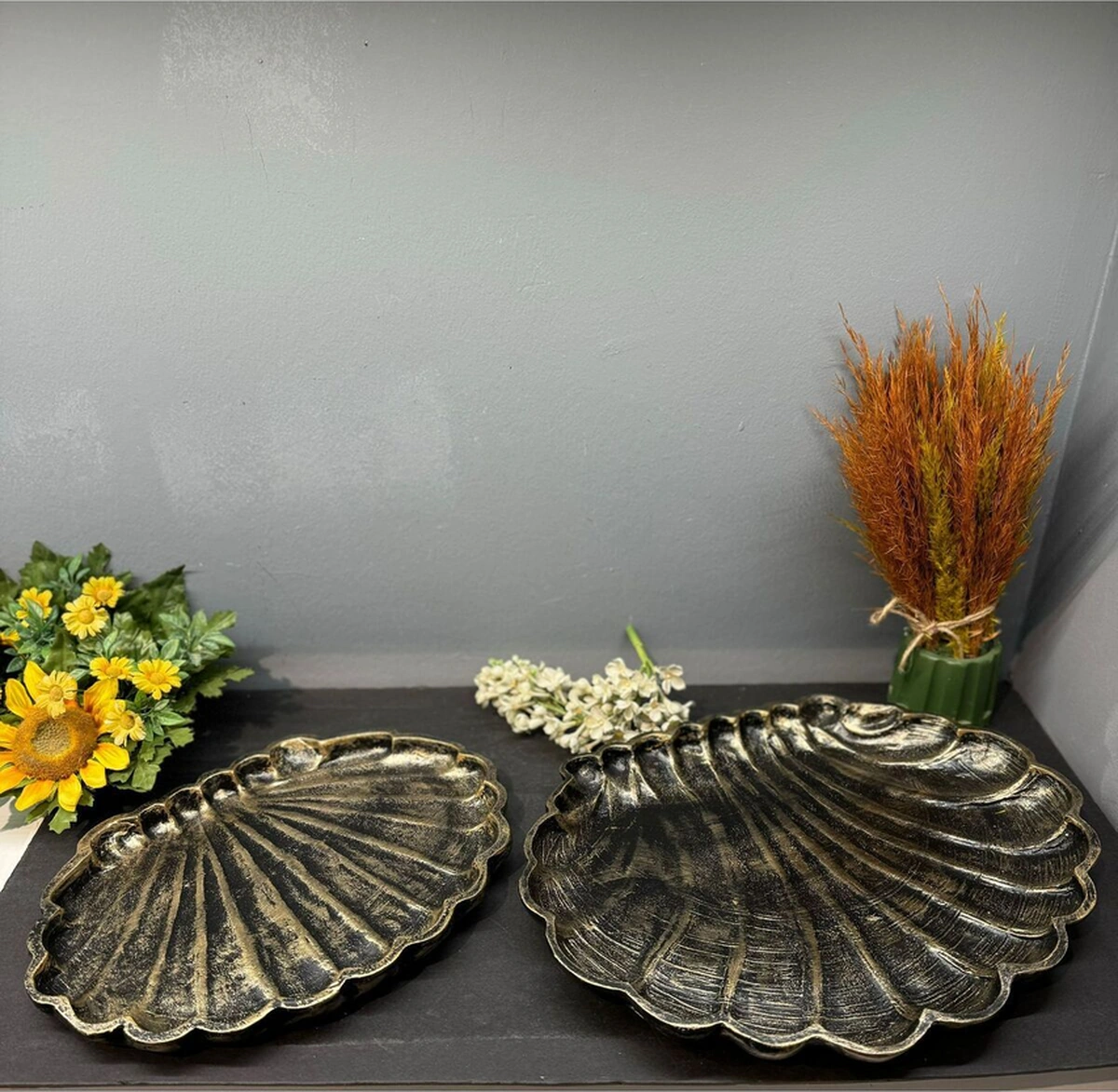 Dekoratif Polyester İkili İstiridye Tepsi Sunumluk Gold Siyah Eskitme