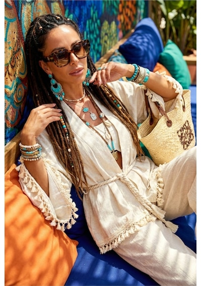 Kalın Denizci Halat Kemerli Ponponlu Geniş İspanyol Flair Kol Doğal Keten Bohem Kaftan Kimono Ekru Kalın Denizci Halat Kemerli Ponponlu Geniş İspanyol Flair Kol Doğal Keten Bohem Kaftan Kimono Ekru