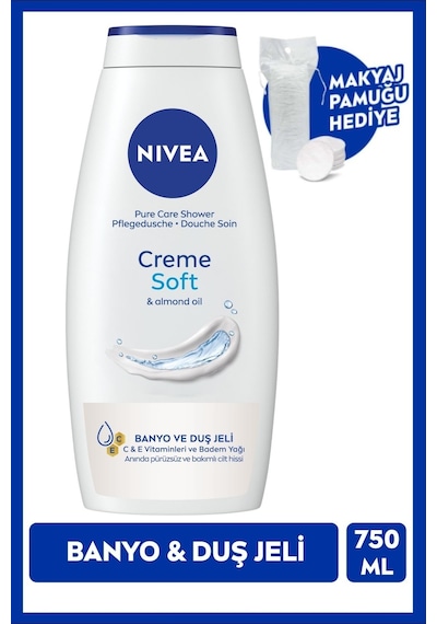 Nivea Creme Soft Banyo Duş Jeli 750 ML + Makyaj Pamuğu