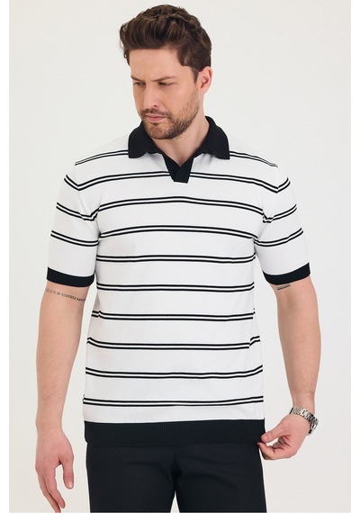 Cool Tarz Erkek Polo Yaka Beyaz Çift Çizgi Detaylı Siyah Triko T-shirt Beyaz Beyaz