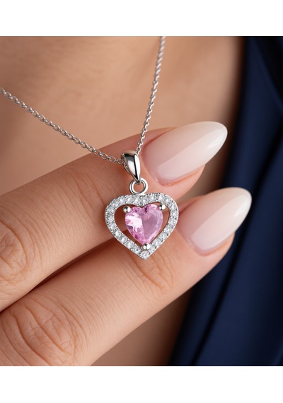 Premium Parlak Ve Şık Pembe Zirkon Taşlı Kalp Kadın 925 Gümüş Kolye 45 Cm