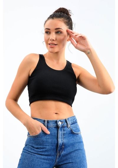 Tommy Life Lacivert Basic Sıfır Kol Dar Kalıp U Yaka Kadın Crop Top Atlet - 97160 Lacivert