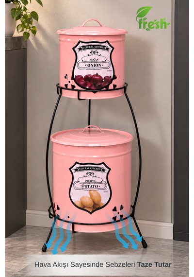 2 Katlı Pembe Metal Patates Soğanlık Kovası Çeyizlik Sebzelik Saklama Kabı - Pembe