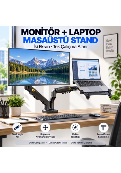 Luve Store Nb F160+fp Gazlı Çift Kollu Monitör Laptop Standı 17-30 İnç Ekran 10-17 İnç Notebook Vesa Uyumlu