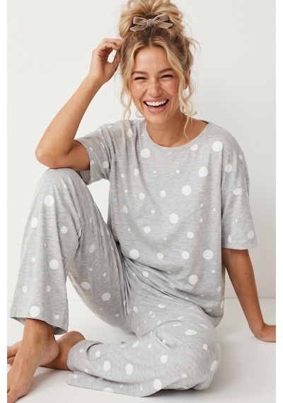 Siyah İnci Pamuklu Örme Pijama Takımı 8025 Gri Beyaz Puan