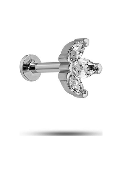 925 Ayar Gümüş Rodyumlu Minimal Üç Mekik Taşlı Lotus Tragus Piercing Küpe Gümüş