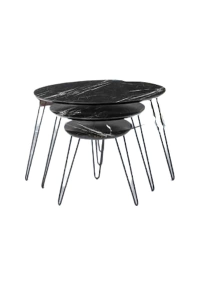 Zigon OSM ELİPS Model Metal Çelik Siyah V Ayak Parlak Siyah mermer Desen Mdf Tabla El Yapım