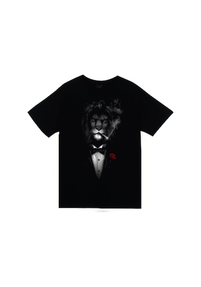 Stoned&Fame Unisex Siyah Aslan Smokin Baskılı T-shirt SIYAH