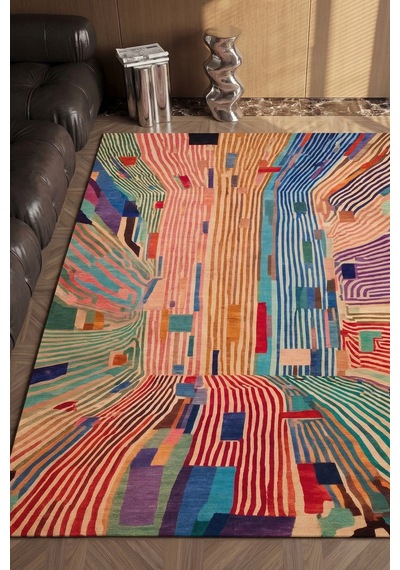 Flow 01 Çok Renkli Soyut Geometrik Desenli Yıkanabilir İnce Dijital Baskı Şönil Salon Koridor Halıs