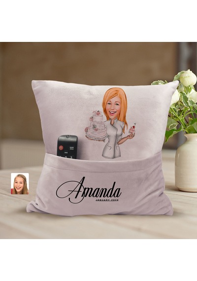 Bk Gift Kişiye Özel Chef Karikatür Tasarımlı Organizer Kumanda Ve Atıştırmalık Cepli Pembe Kırlent Yastık-5 Arkadaşa Hediye, Cepli Yastık Sarı