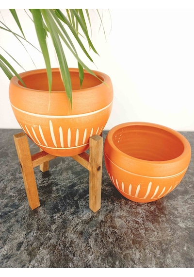 BİTKİ TASARIMI EV DEKORASYON DİK ÇİZGİ DESENLİ TERRAKOTA TOPRAK SAKSI SAKSILIK SALON ÇİÇEKLİK İKİLİ SET AYAKSIZ - 4 AYAKLI- 15 CM