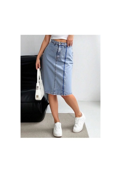 Kene Jeans Yüksek Bel Ön Fermuar Detaylı Kot Etek Taş
