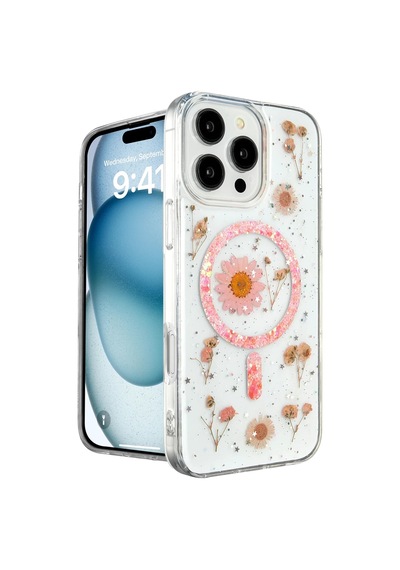 Apple iPhone Uyumlu  16 Pro Uyumlu Kılıf Daisy Simli Magsafe Kapak - Pembe