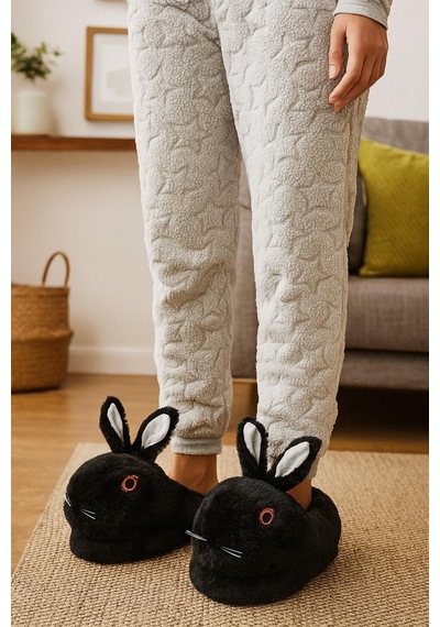 Modaonn Kadın Hayvanlı Kışlık Peluş Tavşan Panduf Ev Terliği Siyah