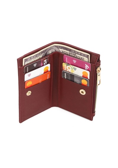 Newish Polo Kadın Fermuarlı Portföy Cüzdan Kartlık Dokulu Vegan Suni Deri - Orta Boy Kırmızı