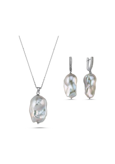 Gri Barok Doğal İnci Kolye Küpe İkili Set - Rose