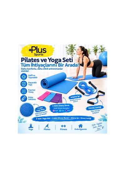7 Mm Pilates Minderi + 3'lü Direnç Bandı + Atlama İpi + Kelebek Direnç Lastiği Mavi Mavi