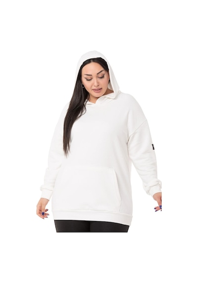 Büyük Beden Sırtında Yazı Detaylı Kapüşonlu Kanguru Cepli Üç İplik Beyaz Sweatshirt-beyaz Beyaz