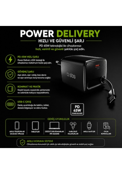 Sbs 45w Gan Usb-c Hızlı Şarj Adaptörü Pd Entegre 75 Cm Geri Sarılabilir Usb-c Kablo Ek Usb-c Çıkış Çift Cihaz Şarj