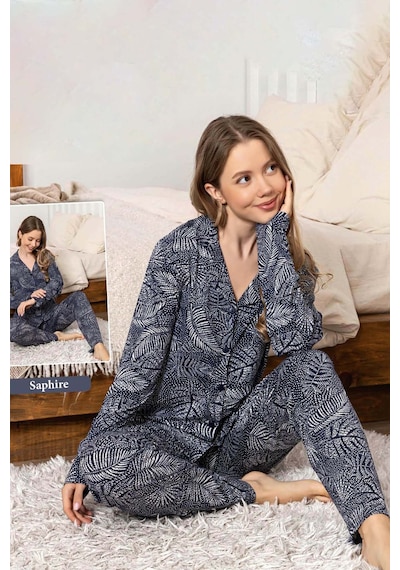 Remsa Kadın Yaprak Desen Düğmeli Saphire Pijama Takımı 0332 Lacivert Lacivert