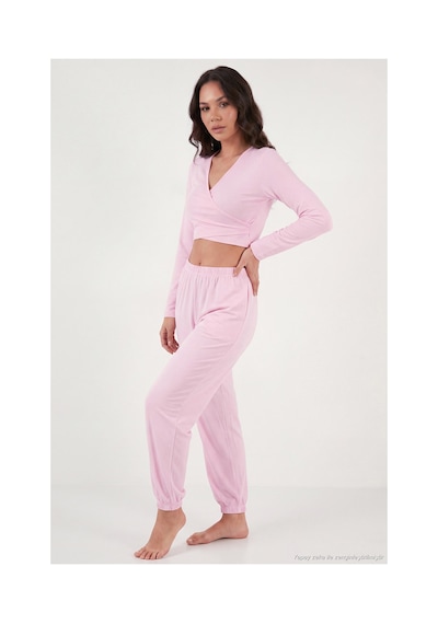 Lela V Yaka Kruvaze Bağlamalı Crop Üst Ve Jogger Alt Pijama Takımı Kadın Pijama Takımı 65780019 Pembe
