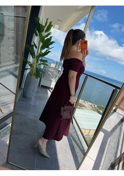 De'charme Kadın Madonna Yaka Midi Boy Modal Elbise Bordo
