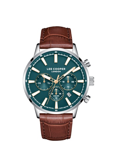 Lee Cooper Kahverengi Deri Kayış Yeşil Kadran 40 Mm Yuvarlak Erkek Kol Saati, Bileklik Hediyeli Gümüş