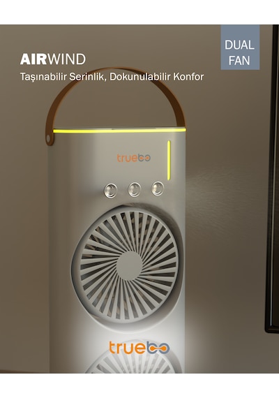 Truebo AirWind - Masaüstü Buhar Püskürtmeli Taşınabilir Şarjlı Led Işıklı Çift Fanlı Vantilatör