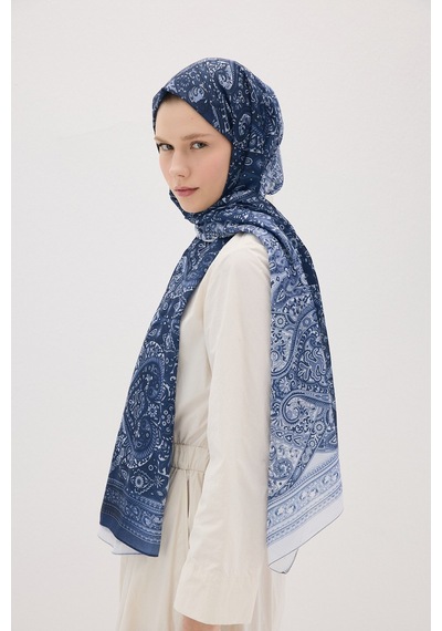 Mirsoy Scarf Eftelya Pamuk Etnik Desen Şal Lacivert