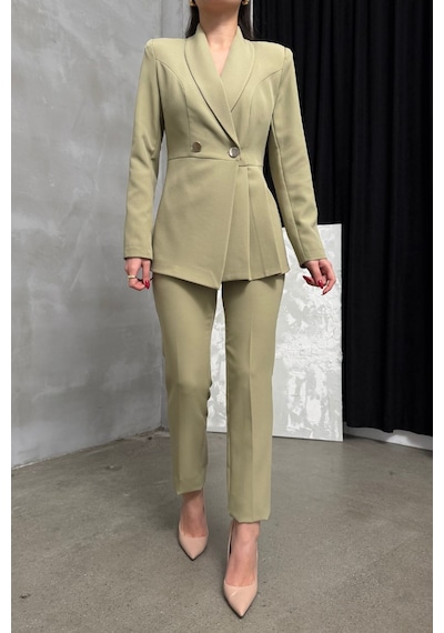 Msm Fashion Kadın İkili Blazer Ceket Pantolon Takım Pile Ve Düğme Detaylı Boru Paça Açık Haki