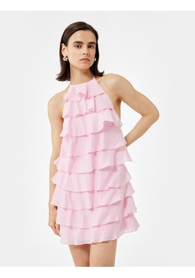 Koton Kat Kat İnce Askılı Halter Yaka Fırfırlı Mini Elbise Pembe 5sak80285uw Gül