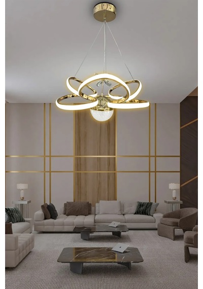 Kral Tacı Model Tek Toplu Led Avize - 3 Renk Kumandalı - Gold Gold