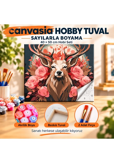 Sayılarla Boyama Numaralı Tuval Seti Boya Fırça Dahil 40x50 Cm Güllü Geyik