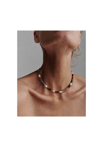 Pearl Collection Gaia Doğal Taşlı İnci Detaylı Renkli Choker Kolye Turkuaz Turkuaz