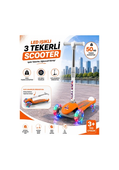Gtpro Çocuk Scooter Katlanabilir 3+yaş 3tekerli Led Işıklı 50kğ Kapasite Turuncu