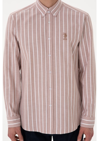 U.S. Polo Assn. Erkek Çizgili Camel Uzun Kollu Gömlek 50306347-VR015