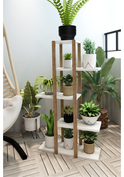 Lotus Beyaz Ahşap 5 Katlı Çiçeklik, Saksılık, Çiçek Standı, Dekoratif Raf / Çok Amaçlı Kullanım Beyaz - 626625396 Beyaz