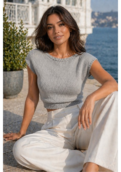 Aqefashion Kadın Kayık Yaka Kolsuz Pamuklu Boyu Ayarlanabilir Lastikli Rahat Yumuşak Crop Gri Triko Bluz