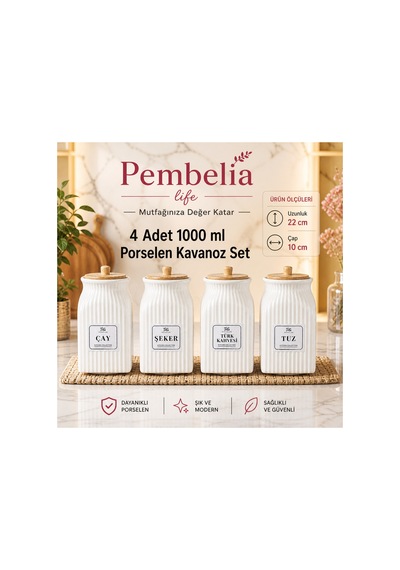 4 Lü Bambu Kapaklı Porselen 1000 Ml Çay Şeker Türk Kahve Tuz Saklama Kavanoz Seti Bakliyat Kavanoz Beyaz Beyaz