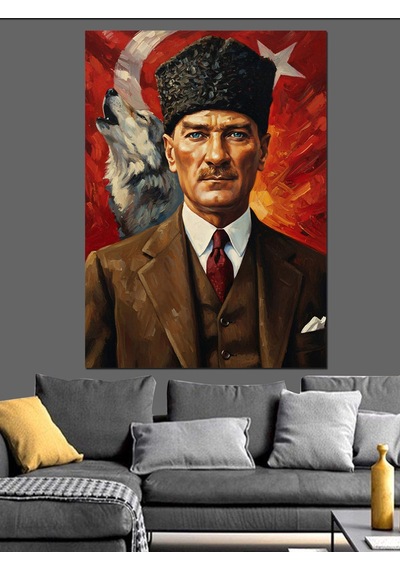 Bozkurt Ve Türk Bayraklı Atatürk Dekoratif Kanvas - Mdf Ahşap Tablo