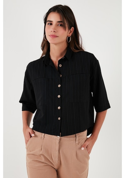 Lela Regular Fit Çift Cepli Kısa Kollu Bayan Gömlek 5865644 Siyah