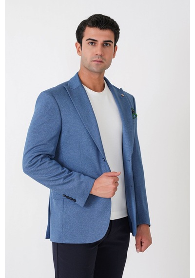 Slim Fit Sivri Yaka Çift Yırtmaçlı Esnek Yünlü İndigo Ceket C 746 Indıgo