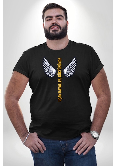 Angemiel Uçan Hayaller Gökyüzünde Melek Kanatları Siyah Büyük Beden Erkek Kadın Unisex Basic Ön Baskılı Tişört Siyah