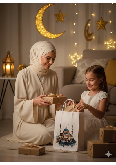Ramazan Hediyelik Paketleme Çantası, 3 Adet, Cami Tasarımlı Kağıt