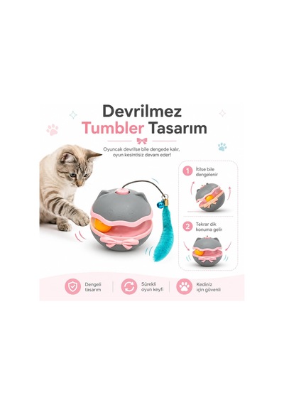 Etkileşimli Kedi Oyuncağı - Devrilmez Tumbler Top, Kendi Etrafında Dönen Gövde Ve Dönen Tüylü Çubuklu Zilli Kedi Oyuncağı, Evde Oyun Ve Aktivite İçin Mavi