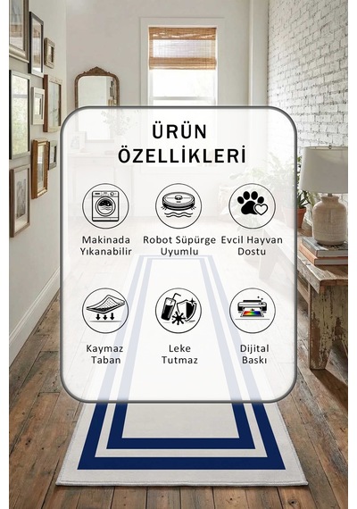 Çerçeve Krem Lacivert Salon Mutfak Yatak Odası Yıkanabilir Yolluk