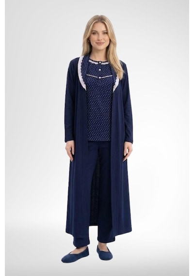 Mecit Pijama Mecit 6391 Lacivert Kadın Büyük Beden Uzun Sabahlık Pijama Takımı