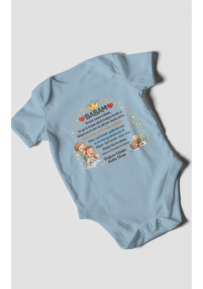 Morivokids Babam Doğum Günün Kutlu Olsun Kısa Kollu Bebek Body %100 Pamuk Bebe Mavisi