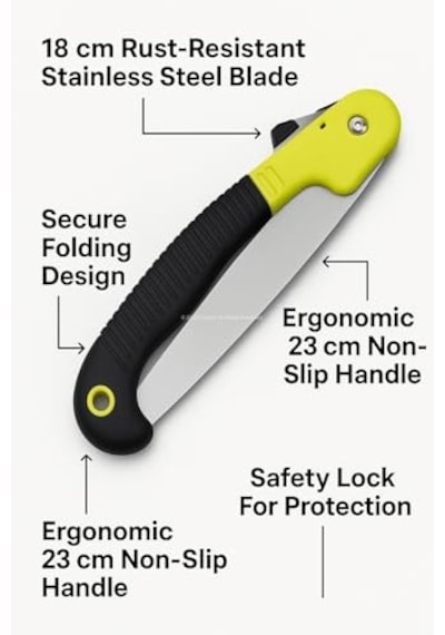 Busstier Katlanır Budama Testeresi, 18 Cm Paslanmaz Çelik Bıçak, 23 Cm Kaymaz Ergonomik Sap, Güvenlik Kilitli, Ağaç Dalı Kesim Ve Bahçe Kullanımı İçin Pratik El Testeresi