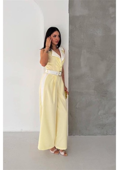 Neşeli Butik Kadın Sarı Çift Renkli Kemerli Şerit Detaylı Tam Boy Kolsuz Tulum Nbk087